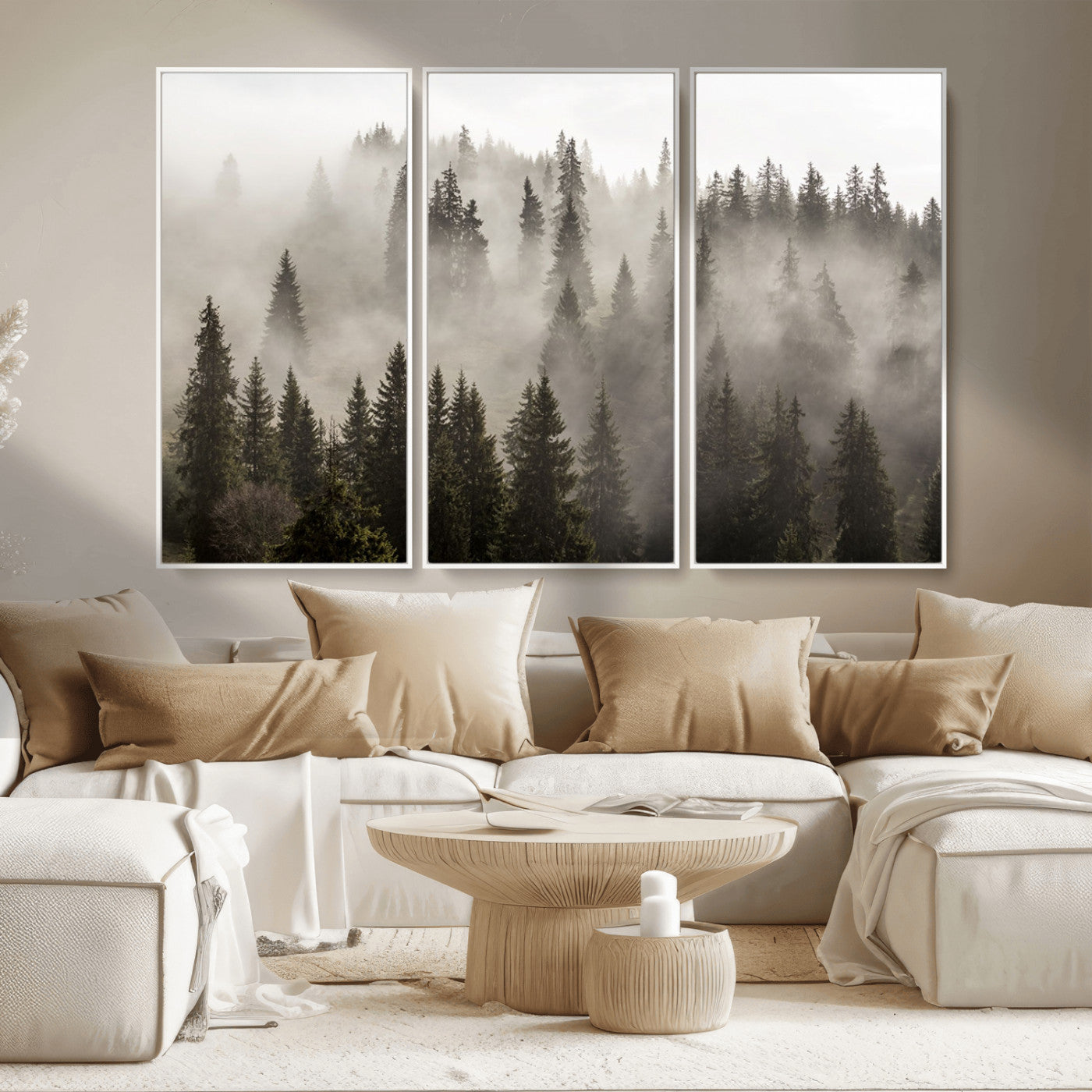 MGV-FC-48X32-3P - Foggy Mountain Wall Art | 3-Panel Foggy Forest and Mountain Landscape | Large Giclee Print for