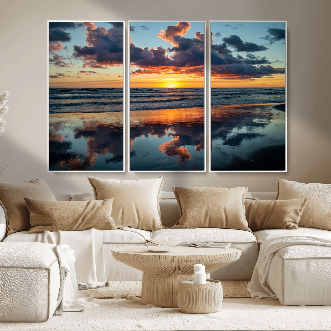 MGV-FC-48X32-3P - Beach Sunset Print - Stunning Ocean Canvas Artwork with Sunset Reflection Design for Elegant Home or