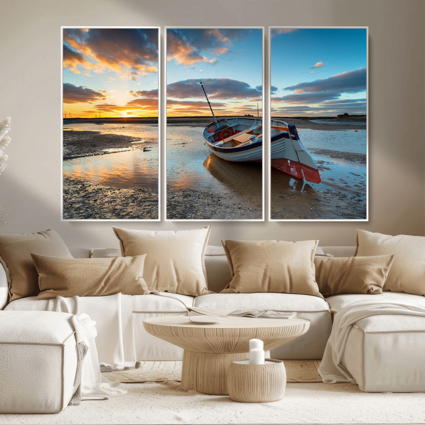 MGV-FC-48X32-3P - Small Boat At The Beach Sunset Wall Art, Boat Sunset Wall Art Canvas Print