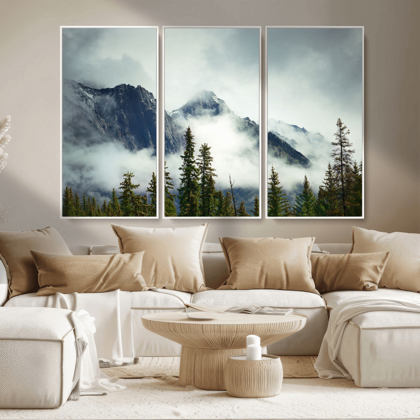 MGV-FC-48X32-3P - Mountain Mist Canvas Wall Art | 3-Panel Foggy Forest and Mountain Landscape | Large Giclee Print for Living Room, Office, or Cabin, Farmhouse Decor