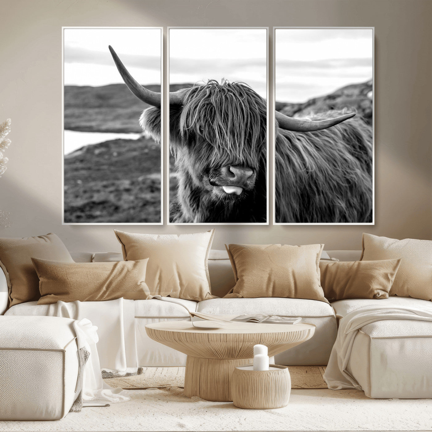 MGV-FC-48X32-3P - Highland Cow Canvas Wall Art – Black and White Animal Portrait – Framed and Ready to Hang Rustic Farmhouse Decor for Living Room or Office