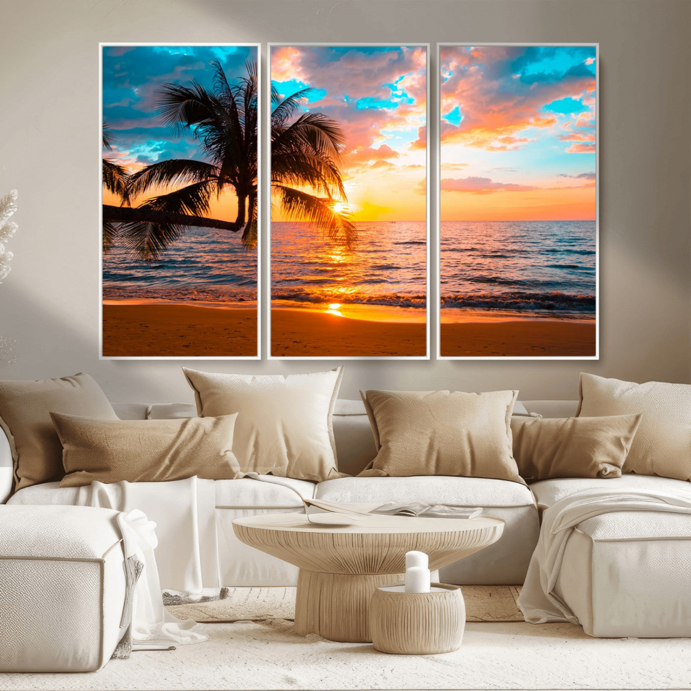 -Palm Tree Sunset On The Beach Wall Art Canvas, Framed Palm Tree Sunset Canvas Print