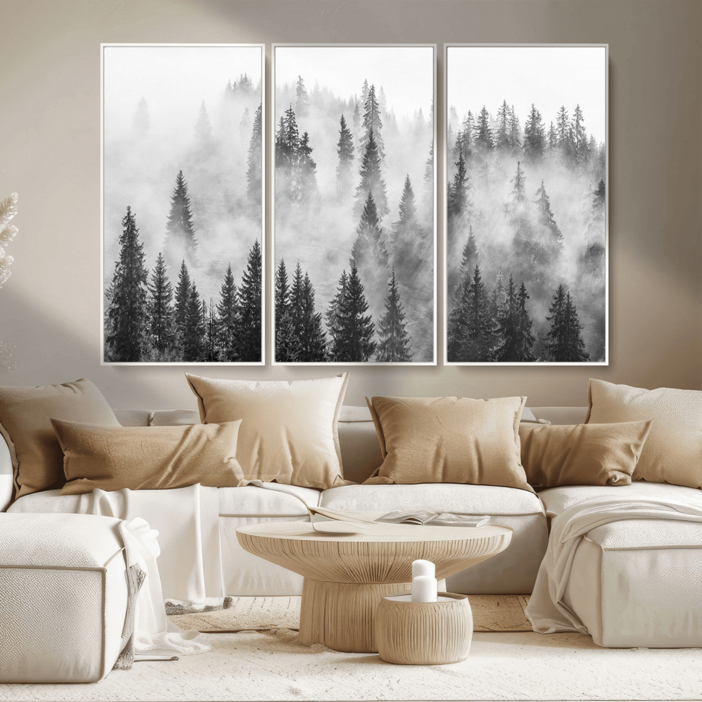 MGV-FC-48X32-3P - Forest Wall Art Print | Foggy Pine Forest Canvas Wall Art - Black and White Nature Decor for Living