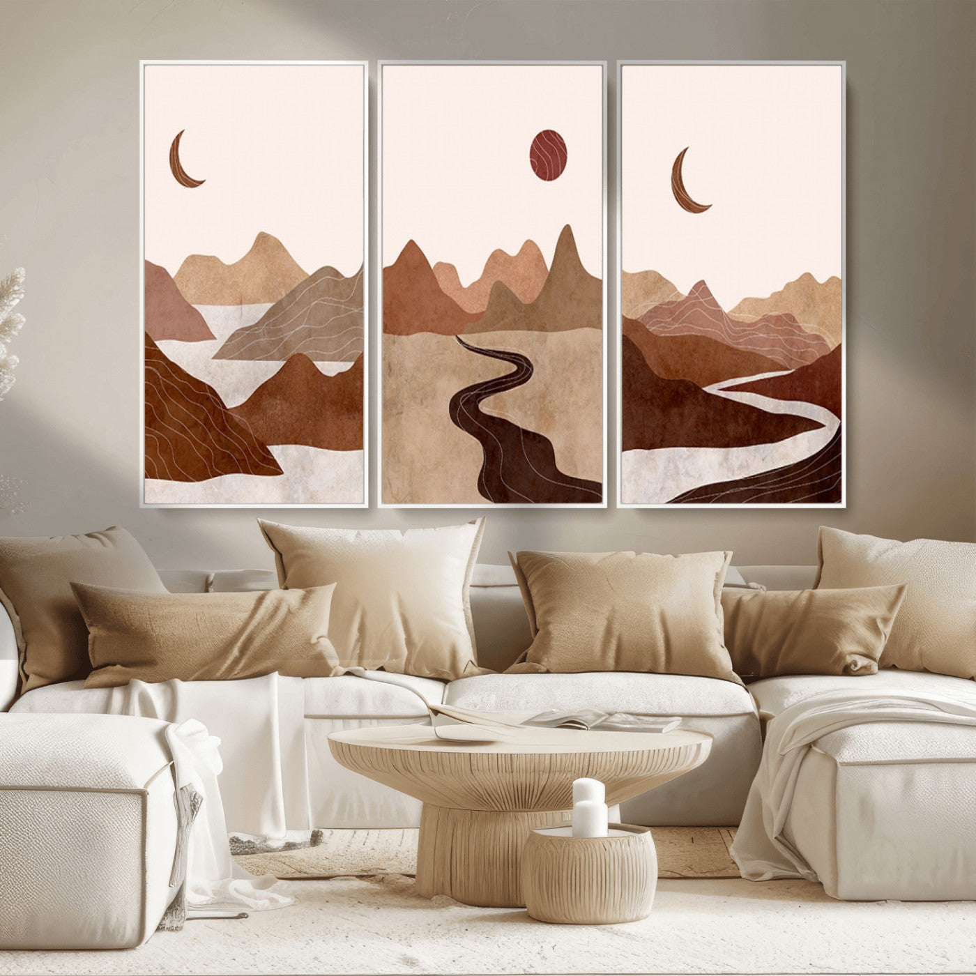 MGV-FC-48X32-3P - Boho Wall Art Canvas Print Set Mid-Century Prints Bohemian Wall Artwork Prints Boho Neutral