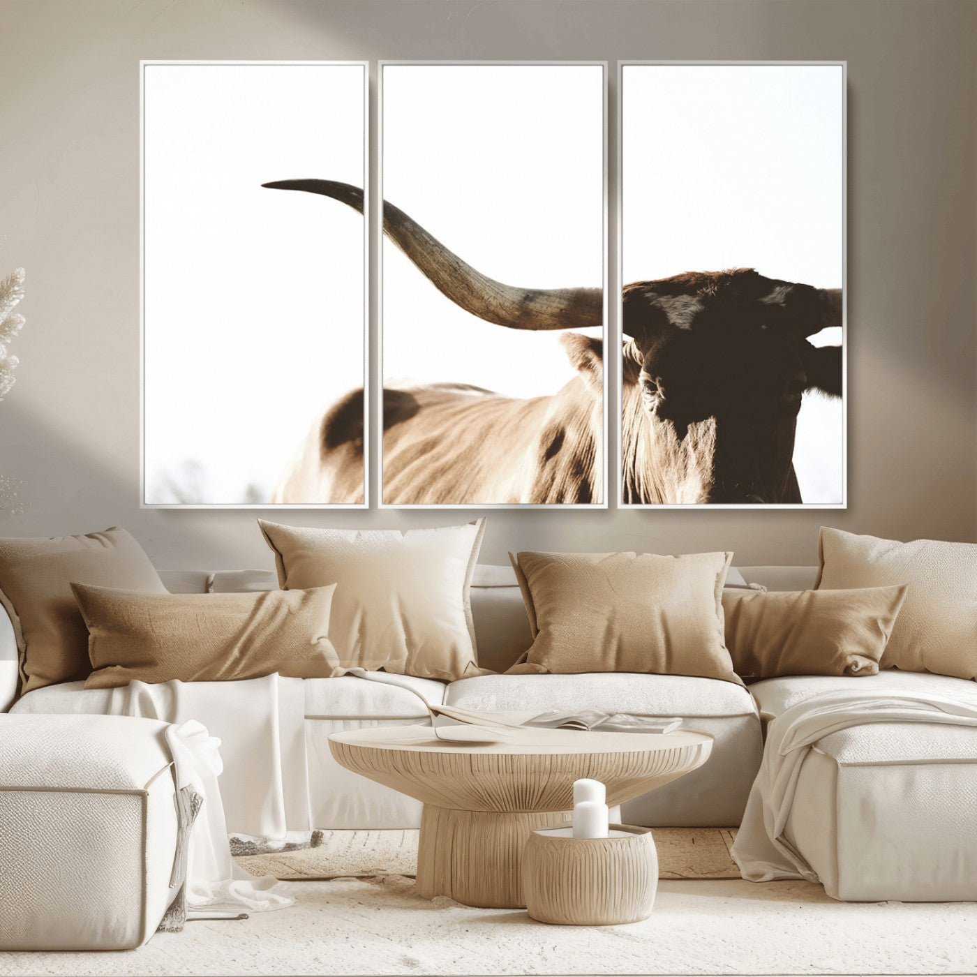 MGV-FC-48X32-3P - Texas Longhorn Wall Art Canvas Print | 3-Panel Large Longhorn Canvas Print for Living Room, Framed Gallery Wrap Office, Rustic Western Cowboy Decor