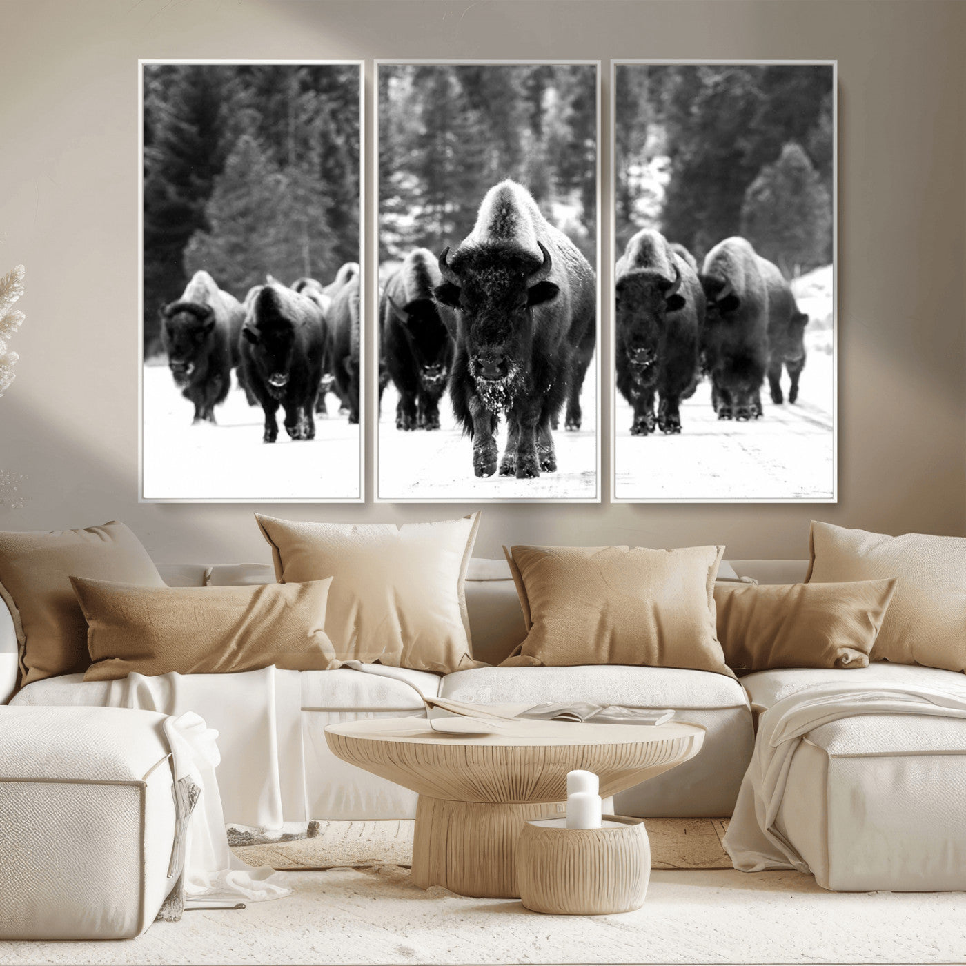 62434-MGV-CV-36X24-Bison Herd in Snow Wall Art Canvas Print | Rustic Western Bison Wall Art for Decor for Living Room,