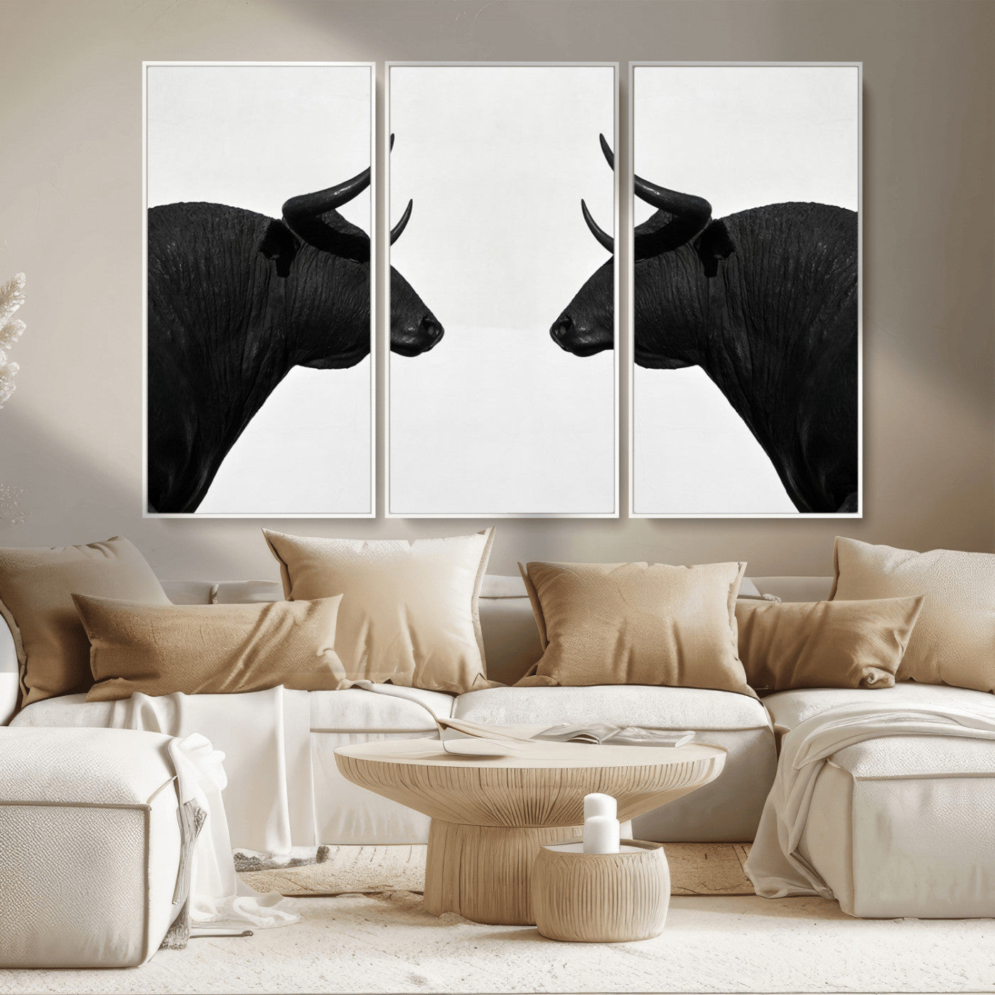 16038-MGV-FC-48X32-3P_White-Spanish Bull Art - Framed Black and White Bull Canvas Print for Modern Rustic Home or Office Decor