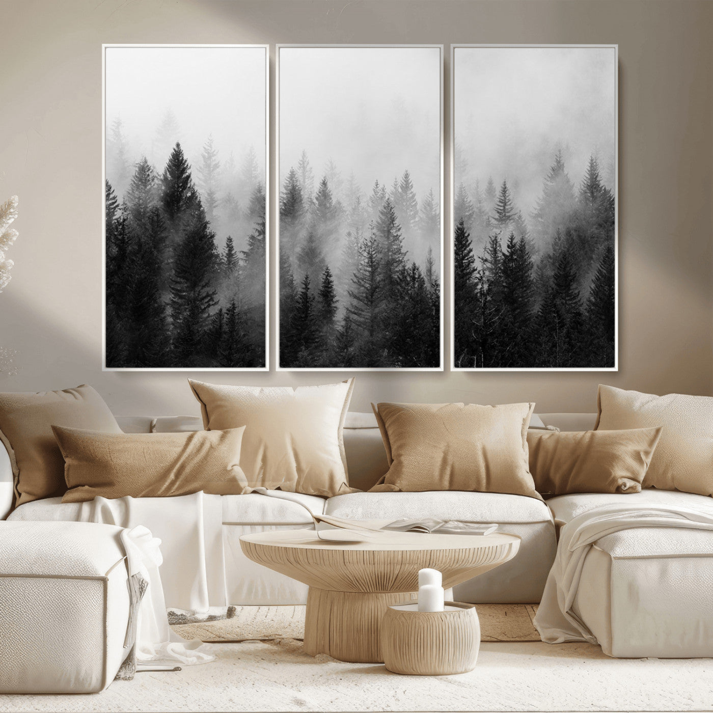 MGV-FC-48X32-3P - Foggy Black and White Forest Wall Art, 3 Panel Misty Pine Trees Canvas Print for Living Room, Office, or Bedroom, Nature-Inspired Woodland Wall Decor