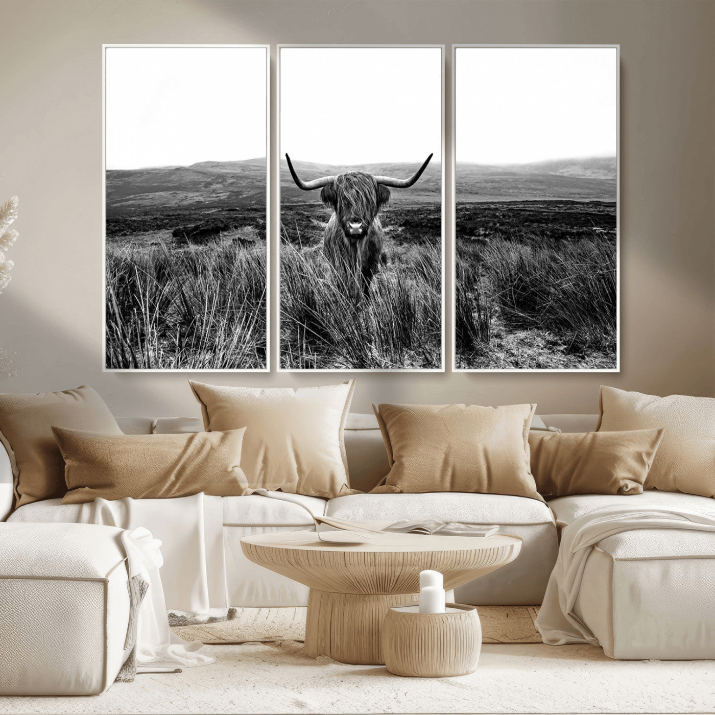 MGV-FC-48X32-3P - Black and White Highland Cow Canvas Wall Art, Longhorn Triptych Western Wall Decor for Cabin -