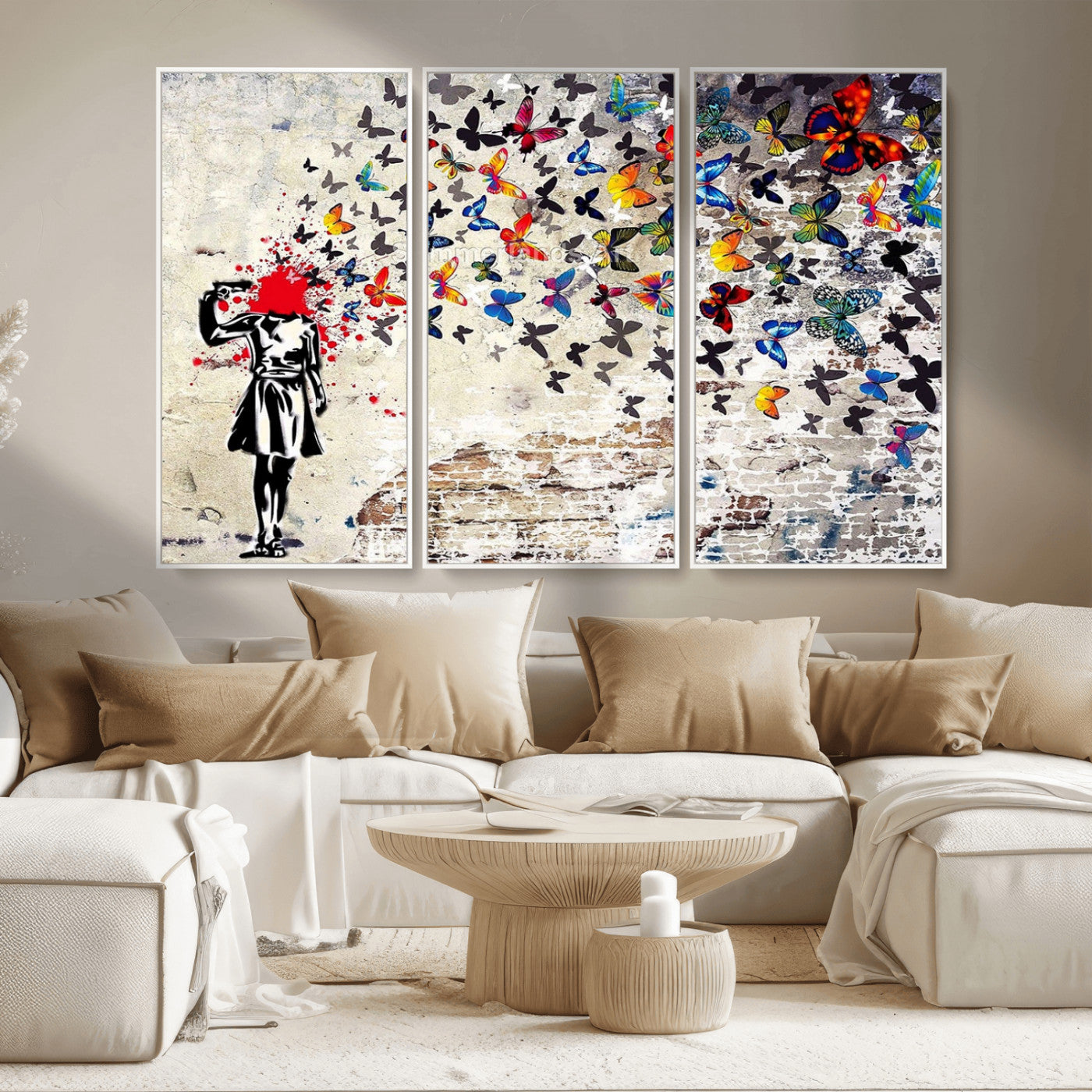 MGV-FC-48X32-3P - Banksy Art Butterfly Girl Explosion Canvas Art – Vibrant Urban Graffiti for Modern Interiors - Ready to Hang