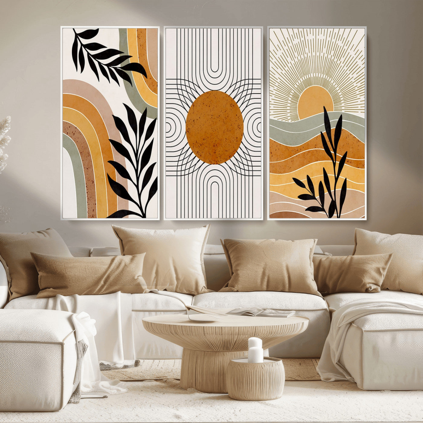MGV-FC-48X32-3P - Modern Boho Sun and Leaf Abstract Art – 3-Panel Giclée Canvas for Mid-Century Modern or Bohemian