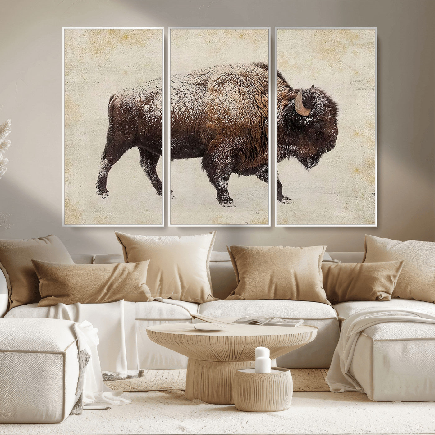 MGV-FC-48X32-3P - Buffalo Wall Art, Western Bison Canvas Print, Rustic Buffalo Art for Cowboy Western Decor, Large Multi-Panel Giclee Canvas for Farmhouse Wall Decor