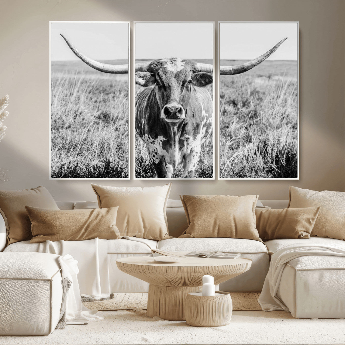 MGV-FC-48X32-3P - Texas Cow Longhorn Wall Art Canvas Print for Farm House Wall Decor, Farmhouse Wall Art Print