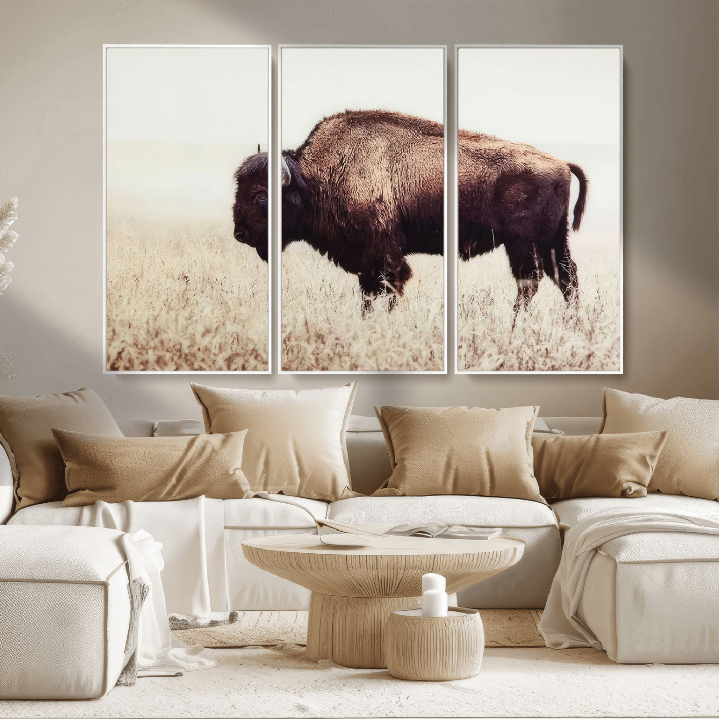 MGV-FC-48X32-3P - Bison in Field Wall Art Canvas Print For Farmhouse Barn Decor