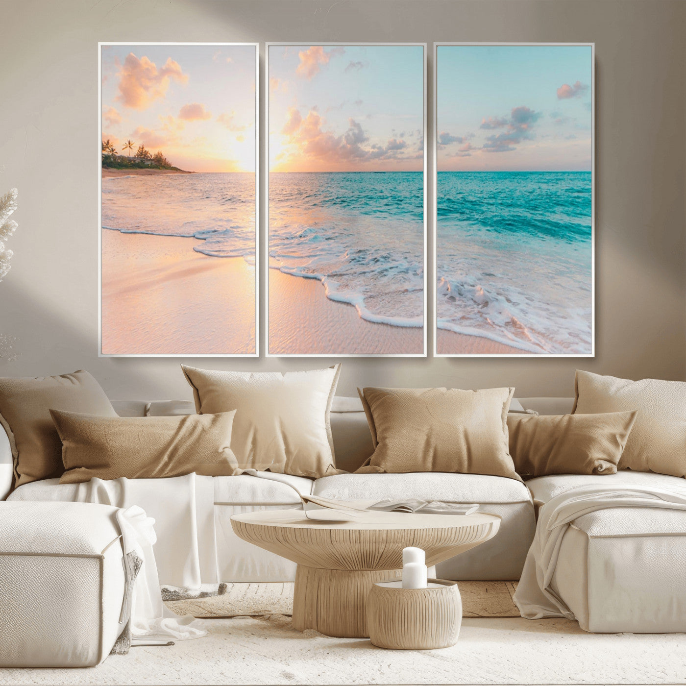 MGV-FC-48X32-3P - Beach Sunrise Wall Art, Coastal Seascape Canvas Print, Ocean Wave Multi-Panel Giclee, Coastal Sunset Beach Scene for Modern Decor