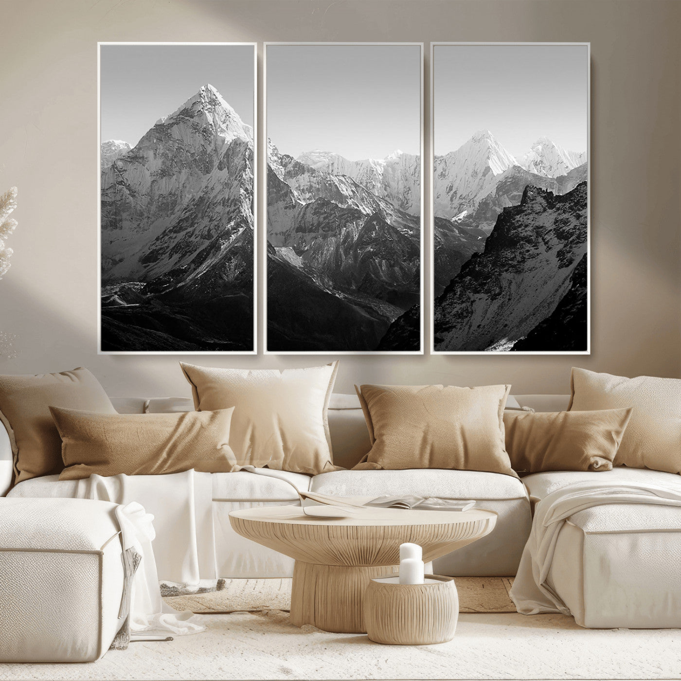 MGV-FC-48X32-3P - Everest Himalaya Mountain Peaks Black & White Triptych Canvas Art – Mountain Wall Decor for Minimalist Interiors