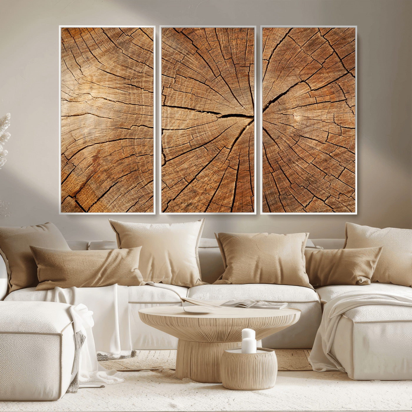 MGV-FC-48X32-3P - Tree Ring Canvas Art, Rustic Wood Grain Wall Art, Tree Slice Decor for Modern Homes, Giclee Multi-Panel Print, Tree Ring Wall Art Set
