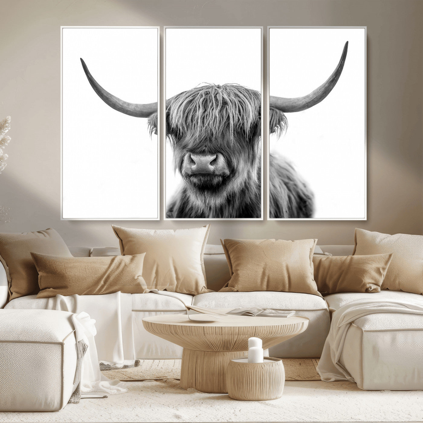 MGV-FC-48X32-3P - Grayscale Scottish Highland Cow Cattle Art Print Farmhouse Wall Art Canvas Print