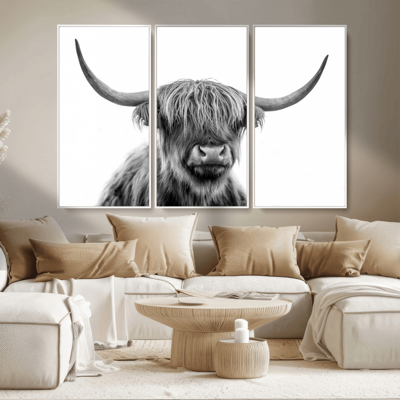 MGV-FC-48X32-3P - Scottish Highland Cow Cattle Art Print Wall Art Canvas Print for Farmhouse Decor, Framed Scottish