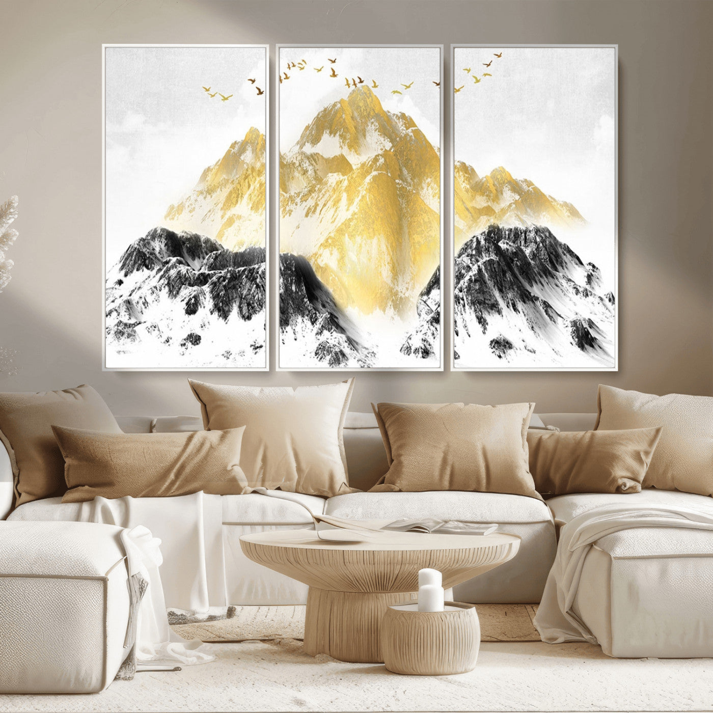 MGV-FC-48X32-3P - Golden Mountain Triptych Wall Art, Modern Giclee Canvas Print, Nature Landscape Decor for Living Room, Contemporary Gold and Black Wall Art