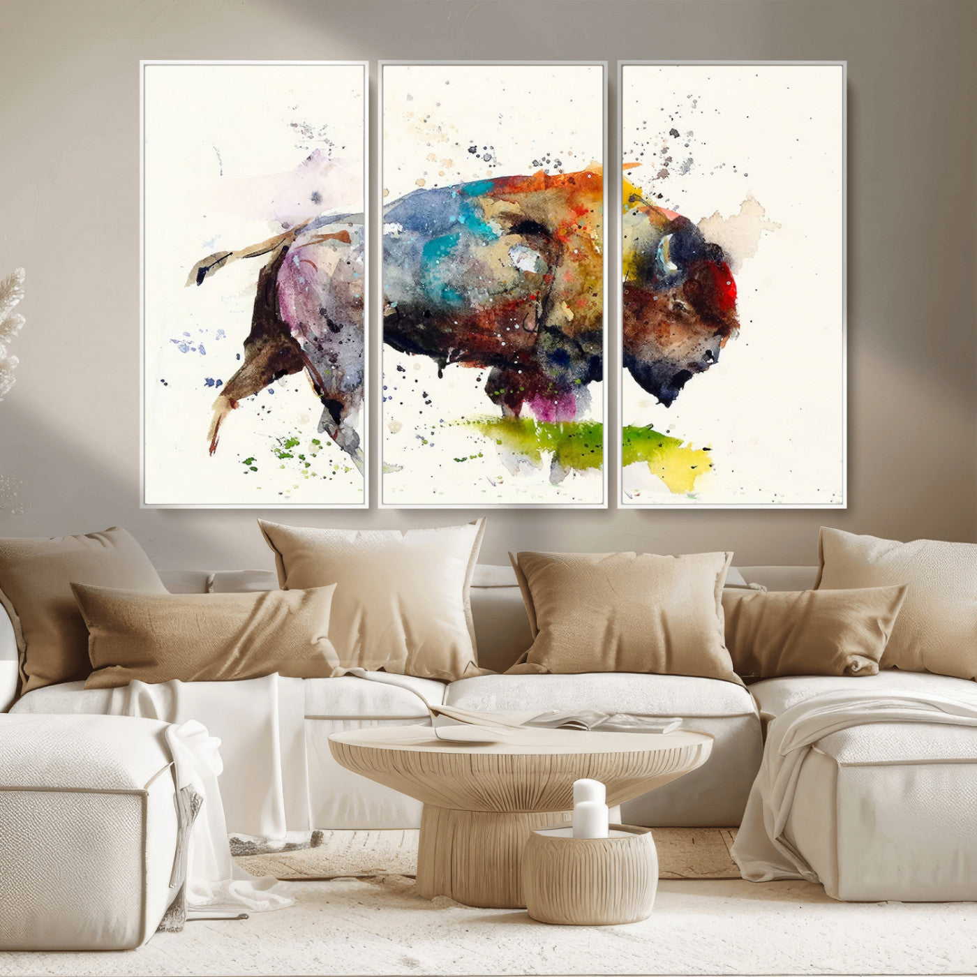 MGV-FC-48X32-3P - Abstract Buffalo Wall Art, Western Watercolor Bison Canvas Print, Rustic Buffalo Art for Cowboy and Western Decor, Large Multi-Panel Giclee Canvas