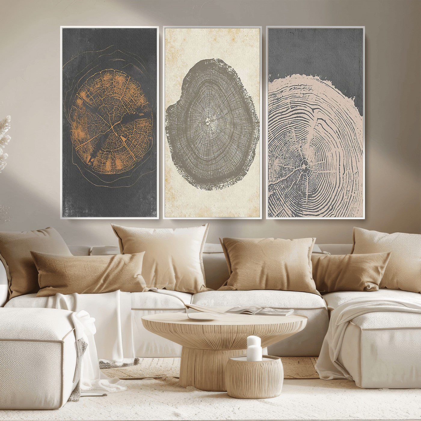 MGV-FC-48X32-3P - Boho Tree Ring Wall Art, Modern Minimalist Wood Grain Canvas, Tree Slice for Rustic Decor, Farmhouse Decor Giclee Canvas Print, Tree Ring Canvas Set
