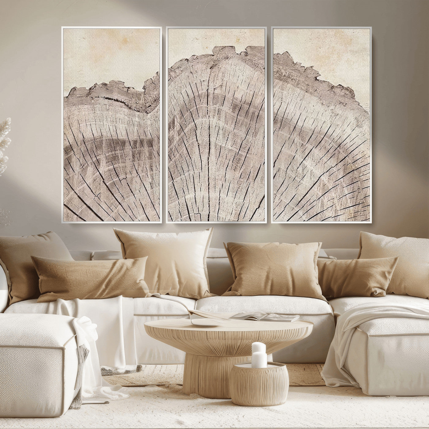 MGV-FC-48X32-3P - Tree Ring Wall Art Triptych, Rustic Wood Ring Canvas Print, Minimalist Wall Decor for Modern Homes and Farmhouse Decor