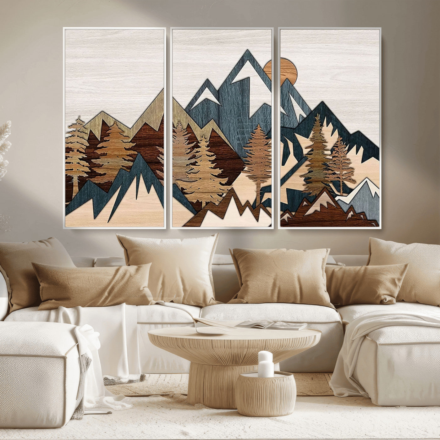 MGV-FC-48X32-3P - Woodland Mountain Landscape Triptych, Giclee Canvas Art for Modern Home, Rustic Wooden Nature Wall Art, Large Mountain and Tree Canvas for Living Room