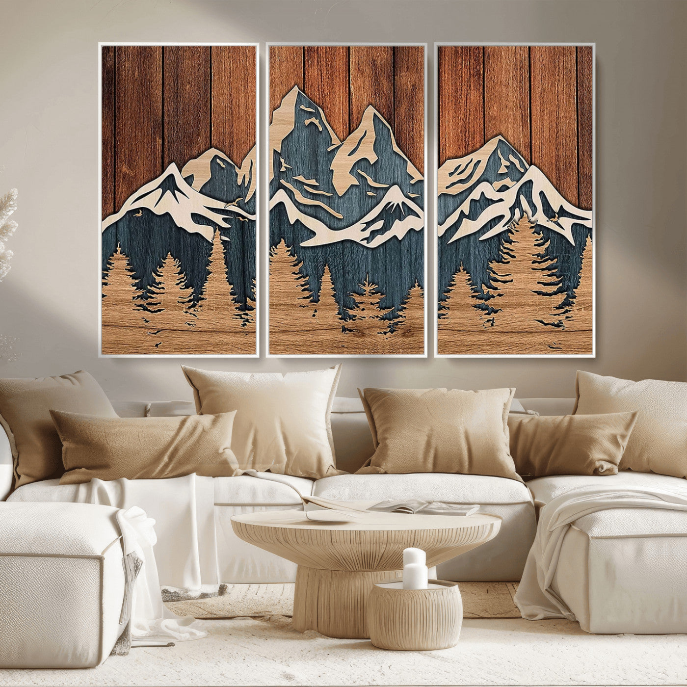 MGV-FC-48X32-3P - Rustic Wood Style Mountain Wall Art, Nature Forest Canvas Print, Wooden Textured Mountain Artwork, Handcrafted Landscape Decor for Farmhouse Decor