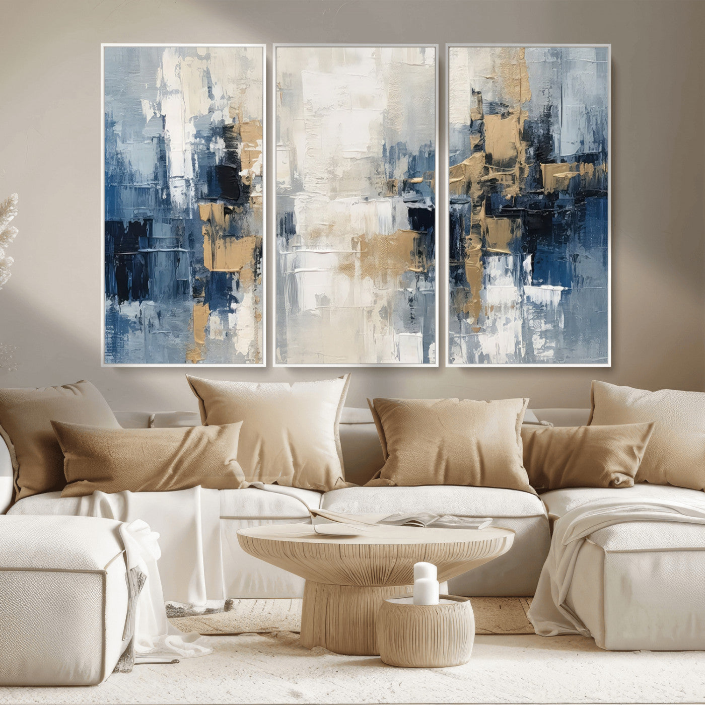 -Modern Abstract Canvas Wall Art in Blue and Gold Tones | Large Contemporary Art for Living Room,