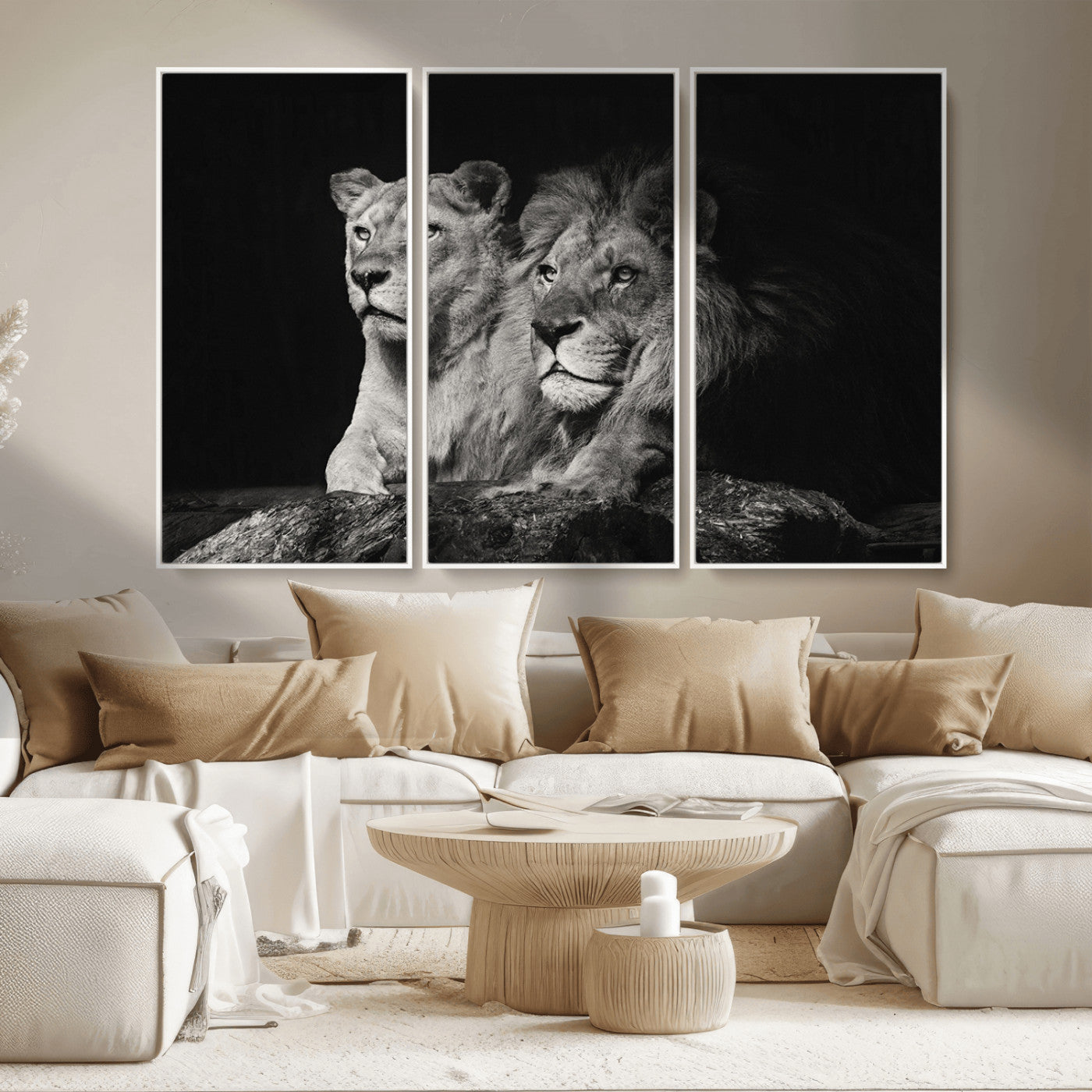 MGV-FC-48X32-3P - Lion Couple Canvas Wall Art Print – Elegant Wildlife Portrait in Black and White Lion Family – Ready to Hang