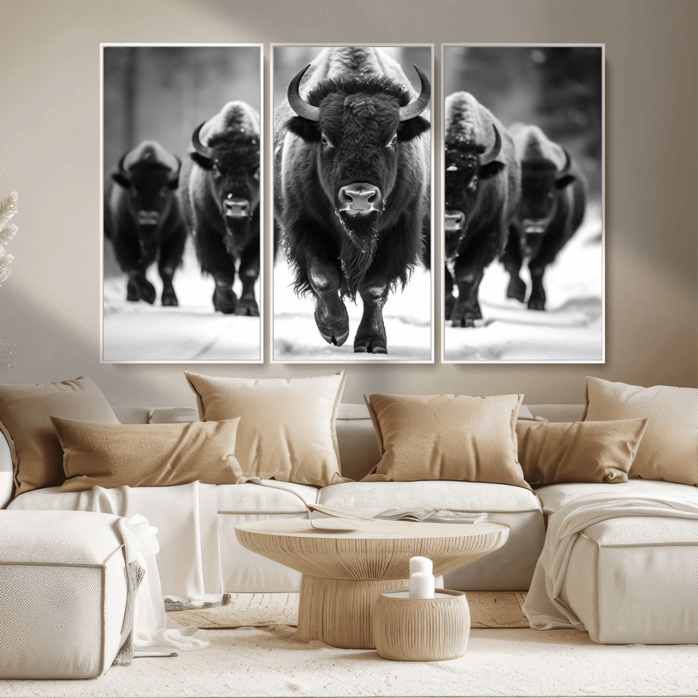 MGV-FC-48X32-3P - American Bison Art | Buffalo Herd Wall Art Canvas Print, BW American Bison Herd Wall Art Canvas Print
