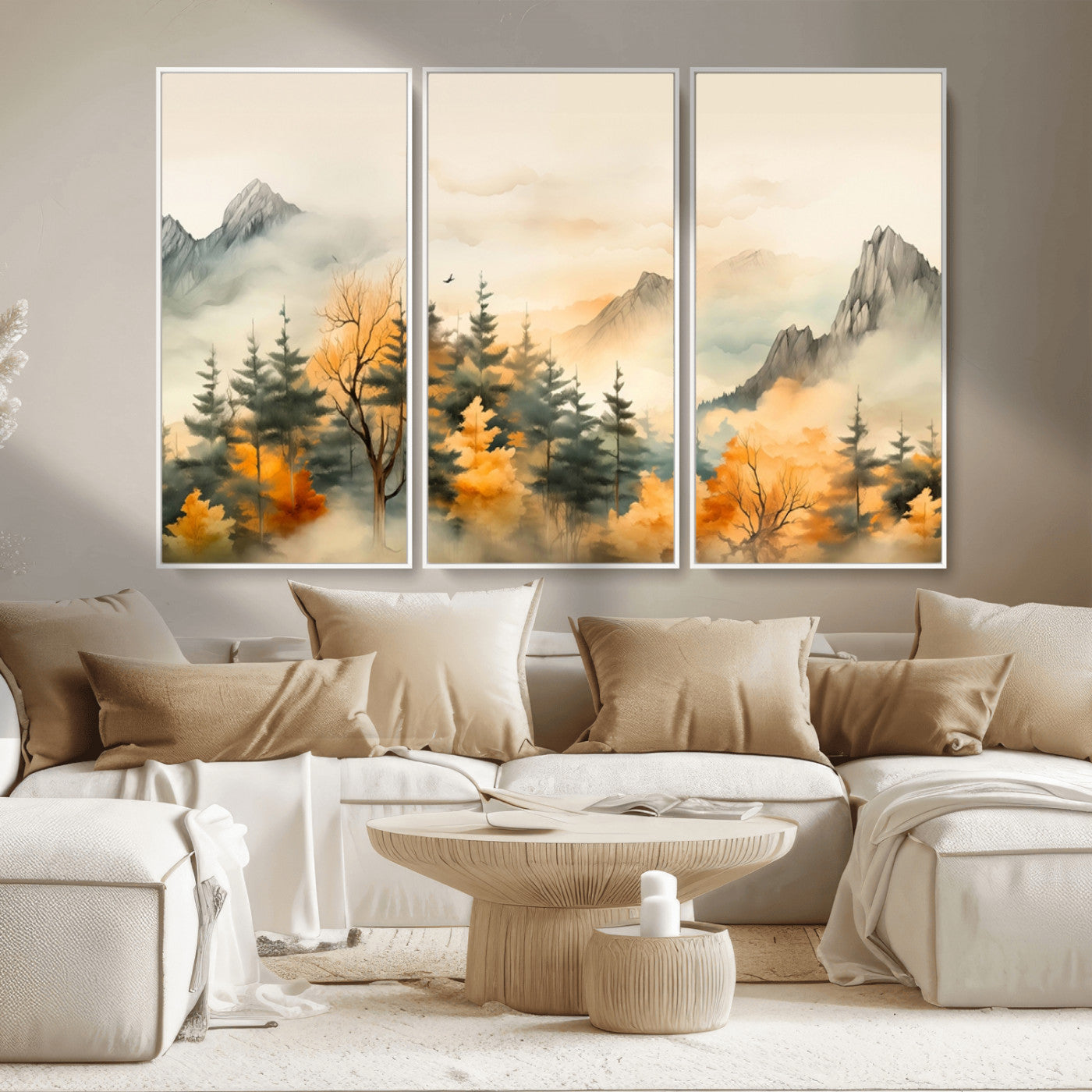 MGV-FC-48X32-3P - Abstract Watercolor Mountains and Trees Autumn Art, Watercolor Mountains and Trees Canvas Print