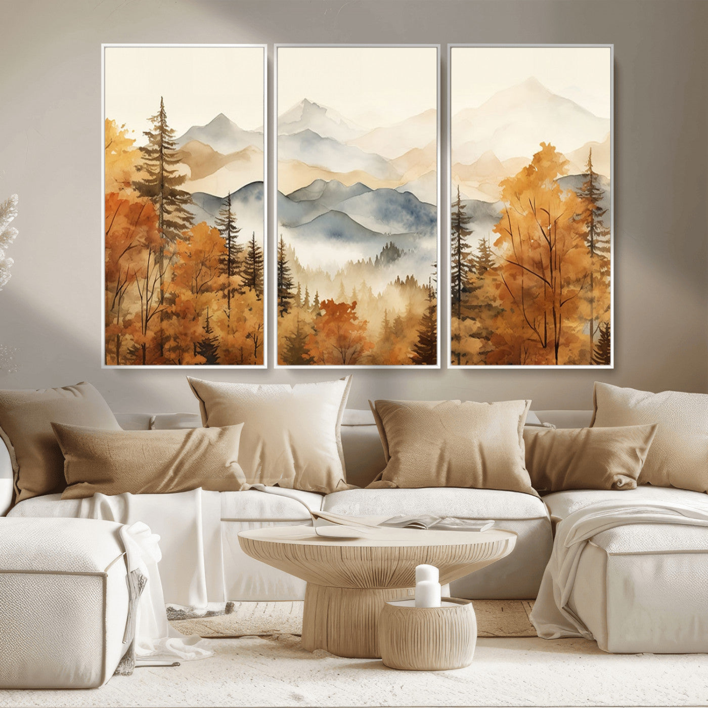 MGV-FC-48X32-3P - Golden Autumn Forest Wall Art | Mountain Landscape Canvas Print for Living Room or Bedroom | Large Wall Decor with Nature-Inspired Design