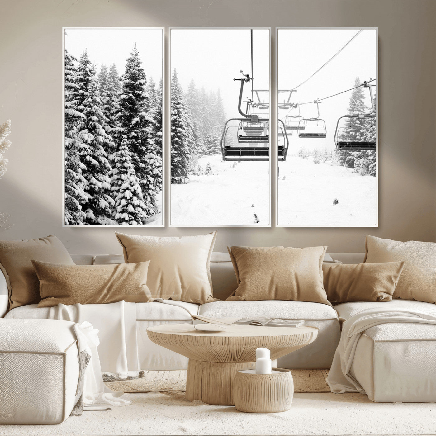 MGV-FC-48X32-3P - Ski Wall Art - Ski Lift Wall Art Canvas Print Snow Covered Spruce Trees Winter Wall Art Ski Skier