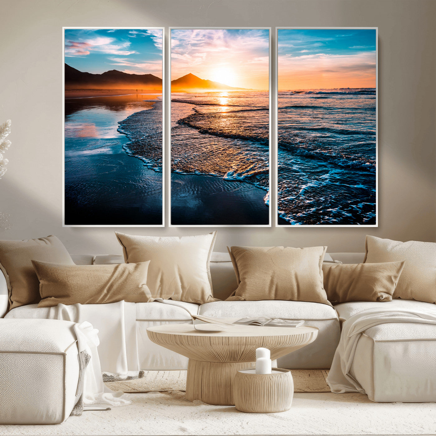 MGV-FC-48X32-3P - Beach Ocean Sunset on the Sea Wall Art Canvas, Beach Ocean Sunset Canvas Print