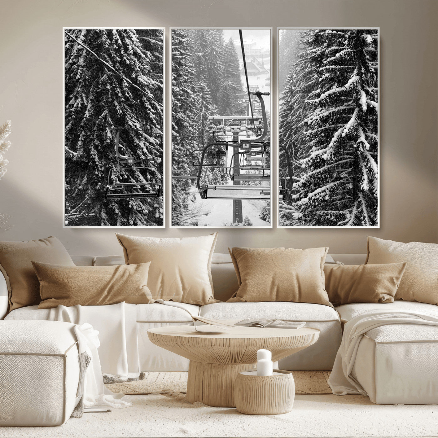 MGV-FC-48X32-3P - Winter Ski Lift Black and White Canvas Wall Art – Alpine Escape in Minimalist Style – Ready to Hang