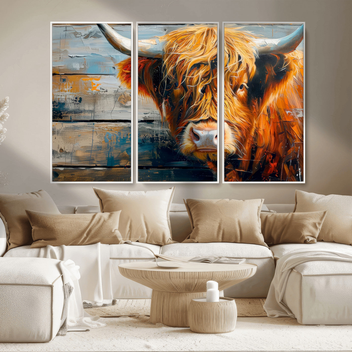 -Highland Cow Abstract Canvas Wall Art – Bold Farmhouse Rustic Decor – Ready to Hang
