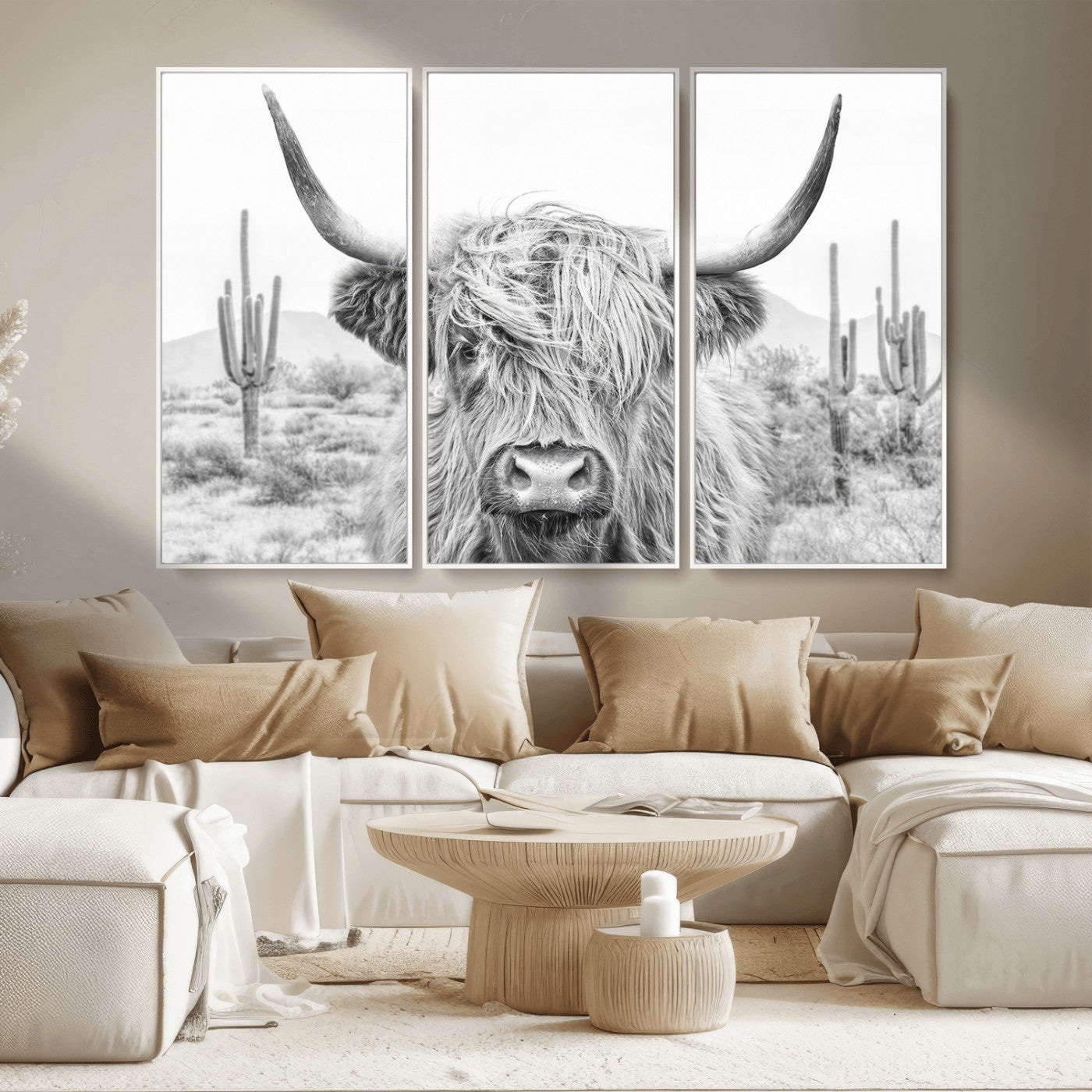 -Rustic Charm | Cow Longhorn Black White Bighorn Wall Art Canvas Print | Farmhouse Wall Art