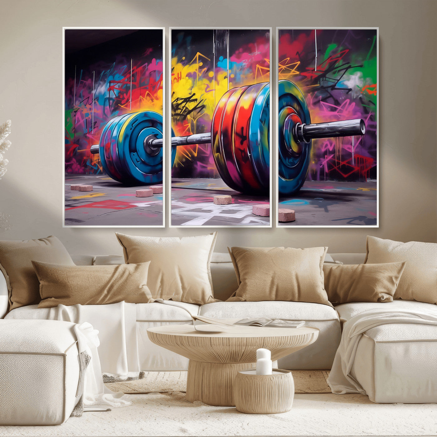 MGV-FC-48X32-3P - Abstract Graffiti Barbell Canvas Wall Art – Urban Fitness Meets Bold Street Art Print - Gym Wall Art Print