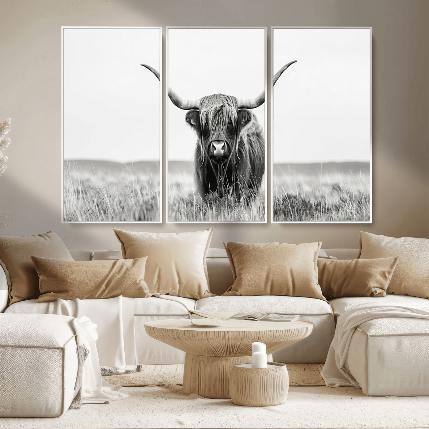 MGV-FC-48X32-3P - Highland Cow Canvas Wall Art – Majestic Beauty in Black and White