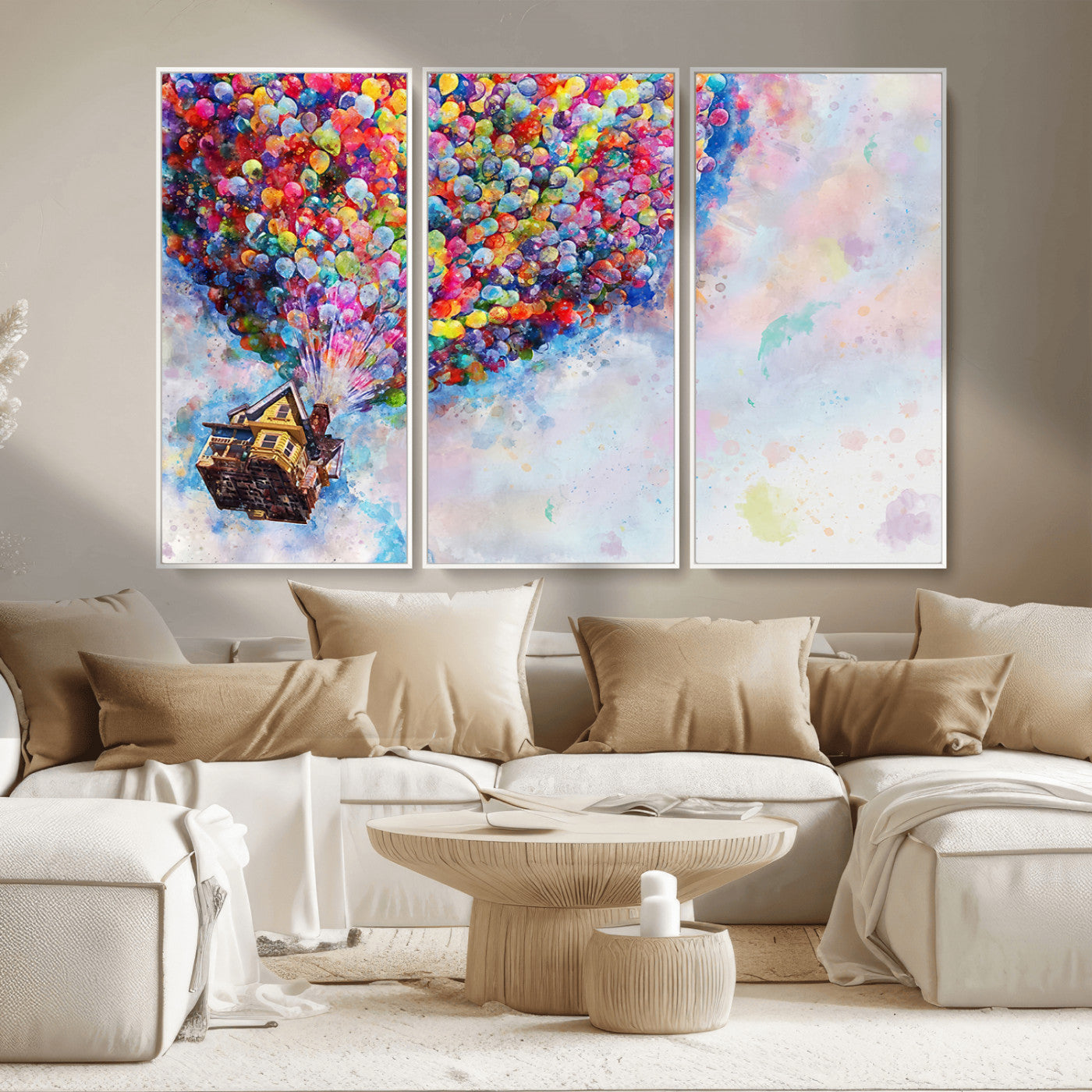 MGV-FC-48X32-3P - Don't Look Up Movie Canvas Wall Art - Vibrant Floating House and Balloons Scene, Tribute to Iconic