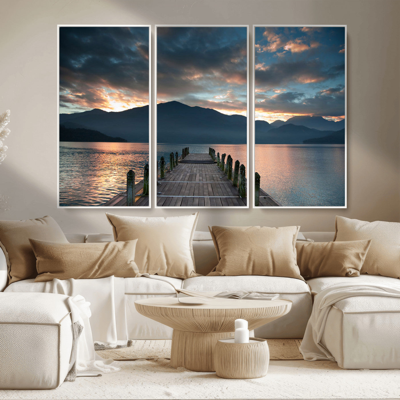MGV-FC-48X32-3P - Mountain Lake Wood Pier Canvas Wall Art Nature Lake Print