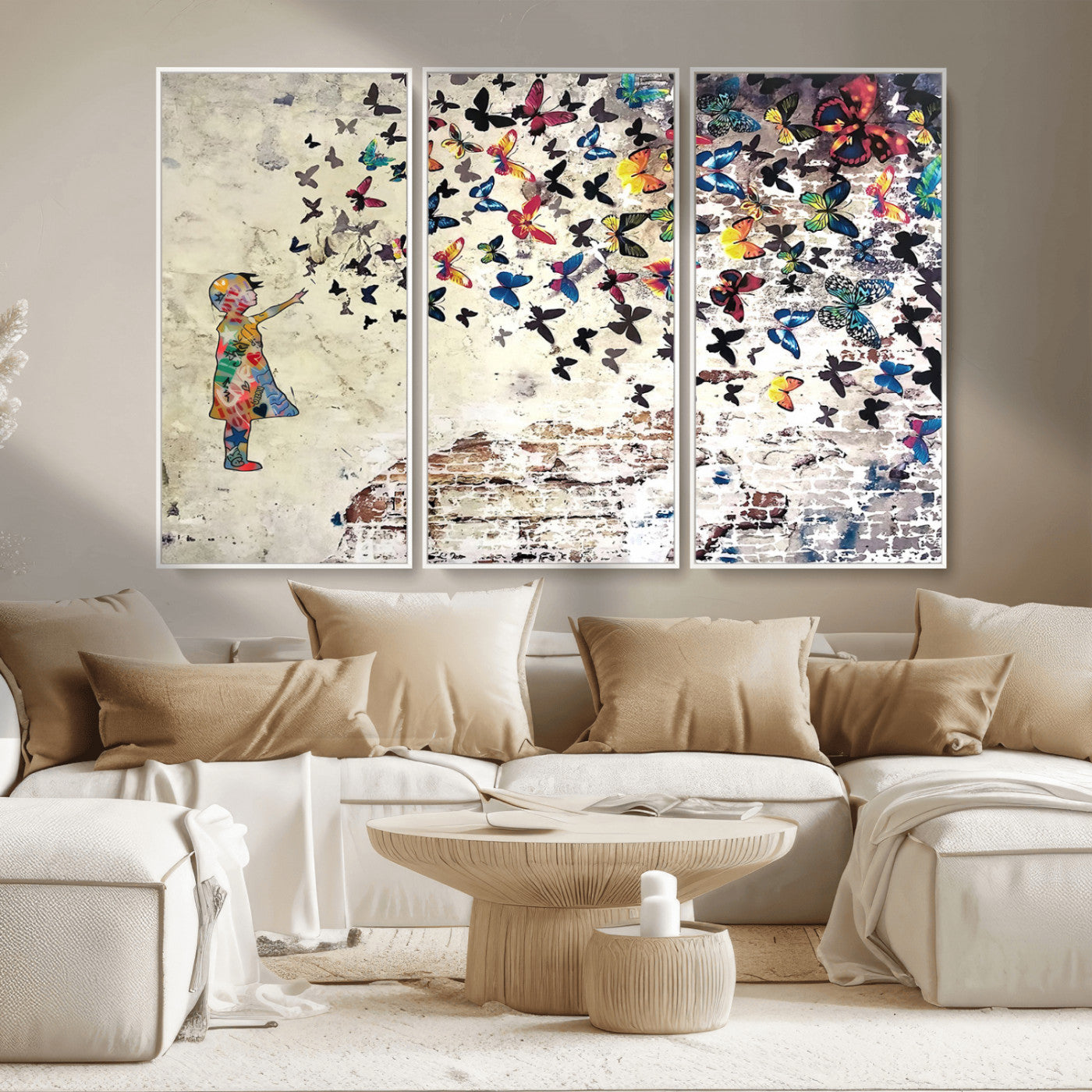 MGV-FC-48X32-3P - Banksy Wall Art - Banksy Girl Butterfly Graffiti Wall Art Canvas Print - Butterfly Girl and Freedom Flight - Vibrant Street Art Print
