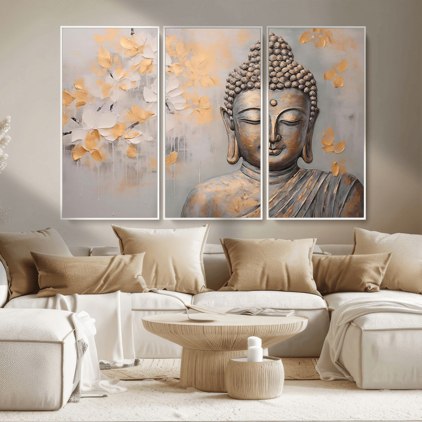 MGV-FC-48X32-3P - Abstract Buddha Statue Wall Art Canvas Print - Modern Meditation Decor for Living Room, Office, Yoga Studio Decor