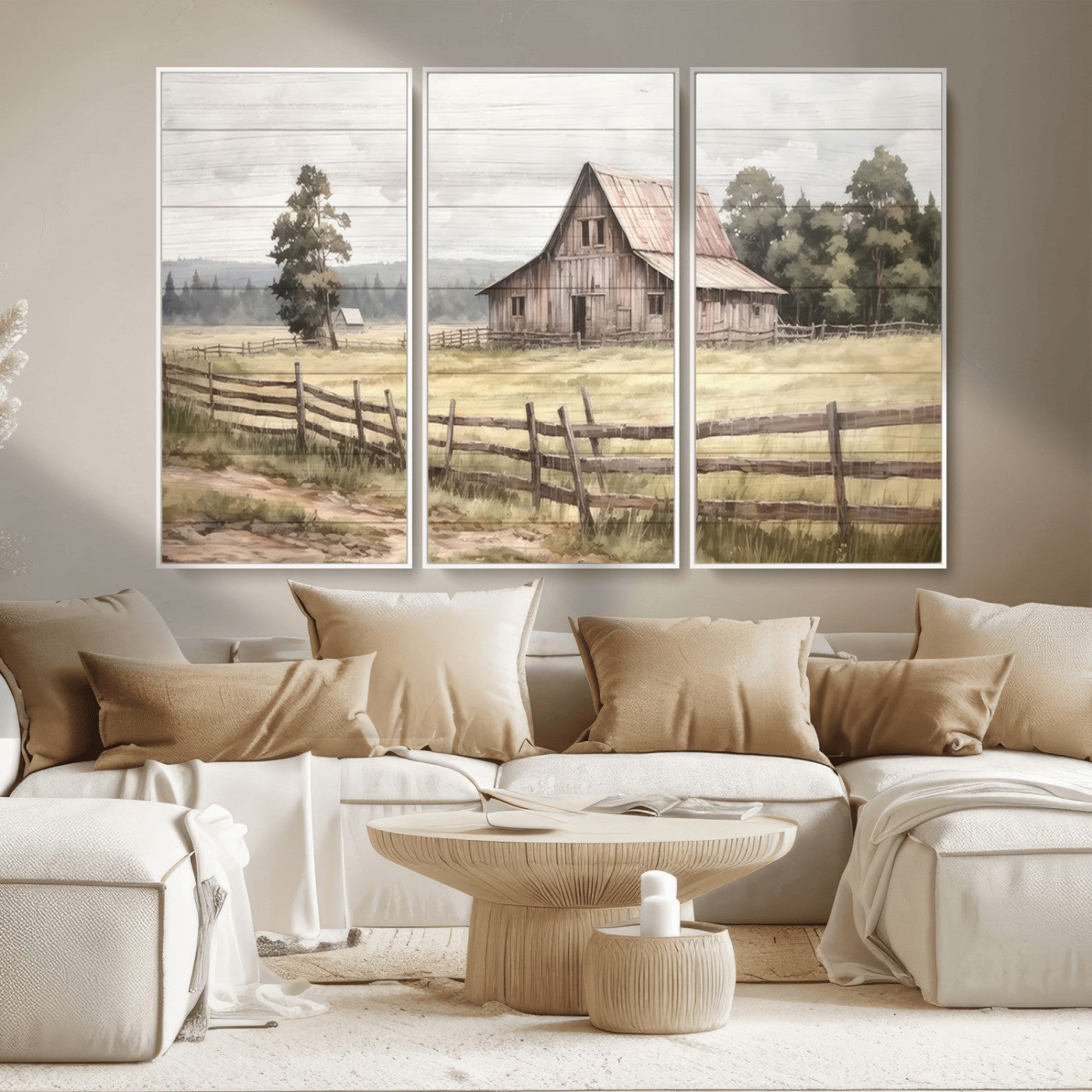 MGV-FC-48X32-3P - Rustic Farmhouse Barn Wall Art | 3-Panel Framed Gallery Wrap Giclee Canvas Print for Living Room, Farmhouse, or Office | Country Landscape Wall Art