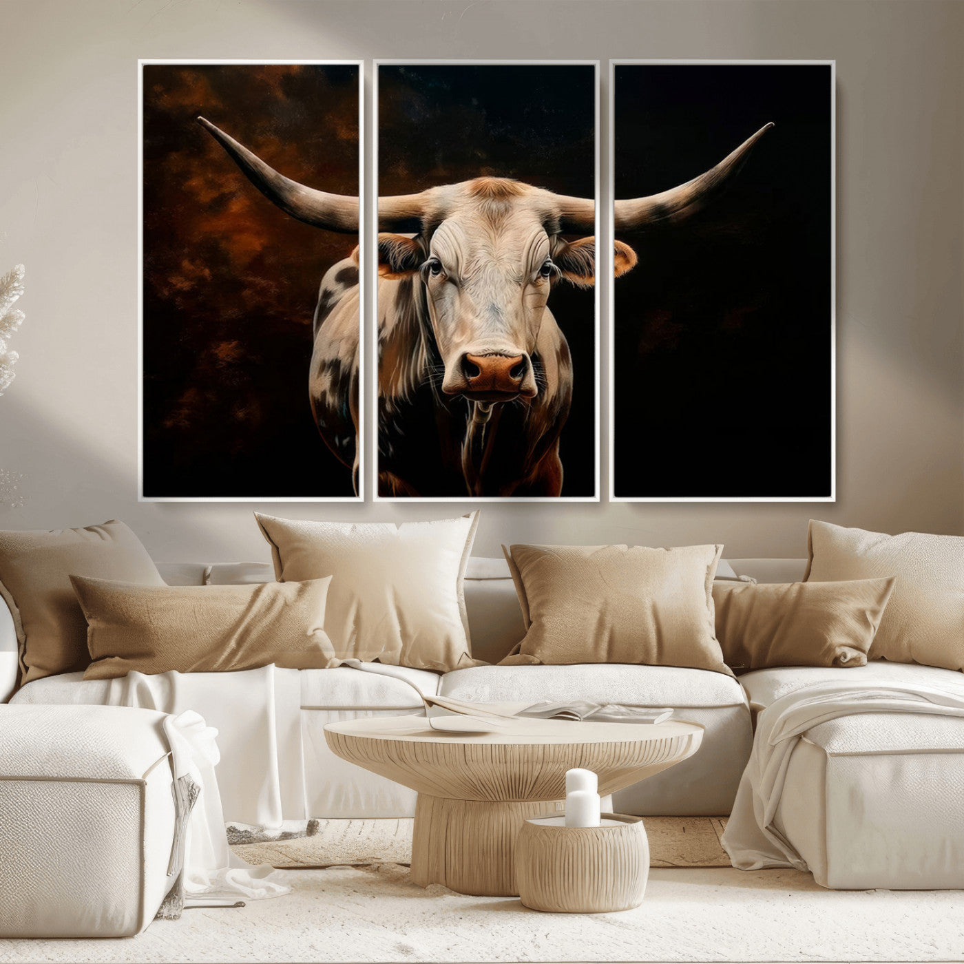 MGV-FC-48X32-3P - Texas Longhorn Wall Art | 3-Panel Large Texas Longhorn Canvas Print for Living Room, Office, or Farmhouse Decor | Framed Giclee Longhorn Wall Art