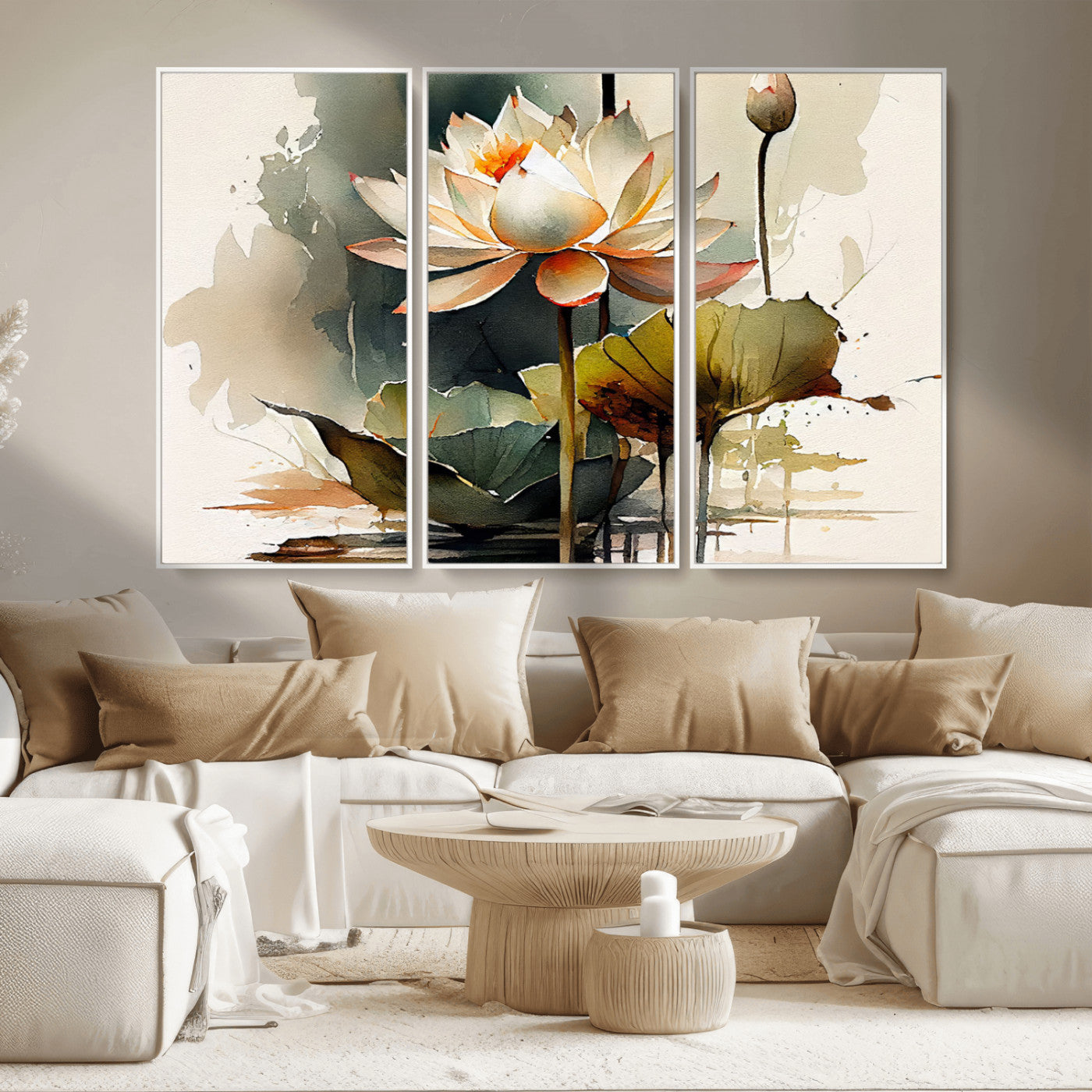 MGV-FC-48X32-3P - Lotus Flower Watercolor Canvas Print – A Symbol of Serenity and Growth, Captured in Soft Watercolors – Contemporary Wall Art for Tranquil Spaces