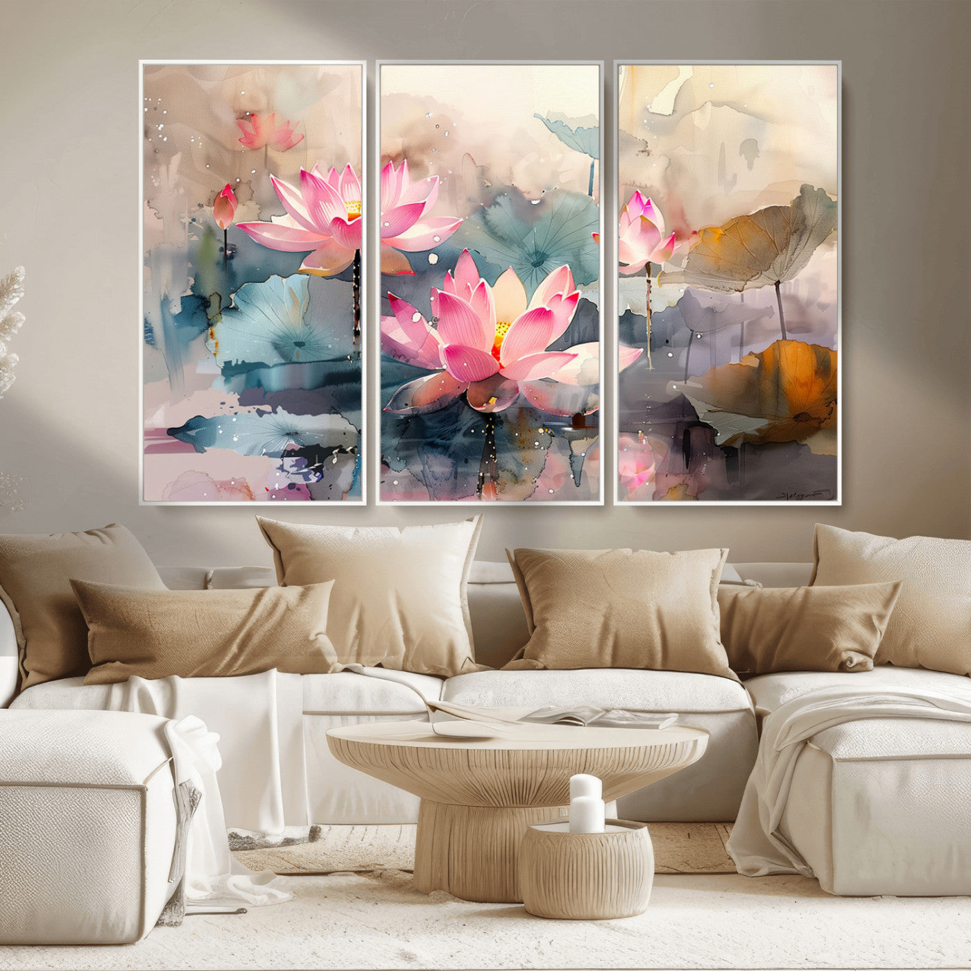 MGV-FC-48X32-3P - Lotus Flower Wall Art | 3-Panel Giclee Canvas Print of Pink Lotus Blossoms for Living Room, Bedroom, Office | Framed Lotus Floral Wall Art Decor Print