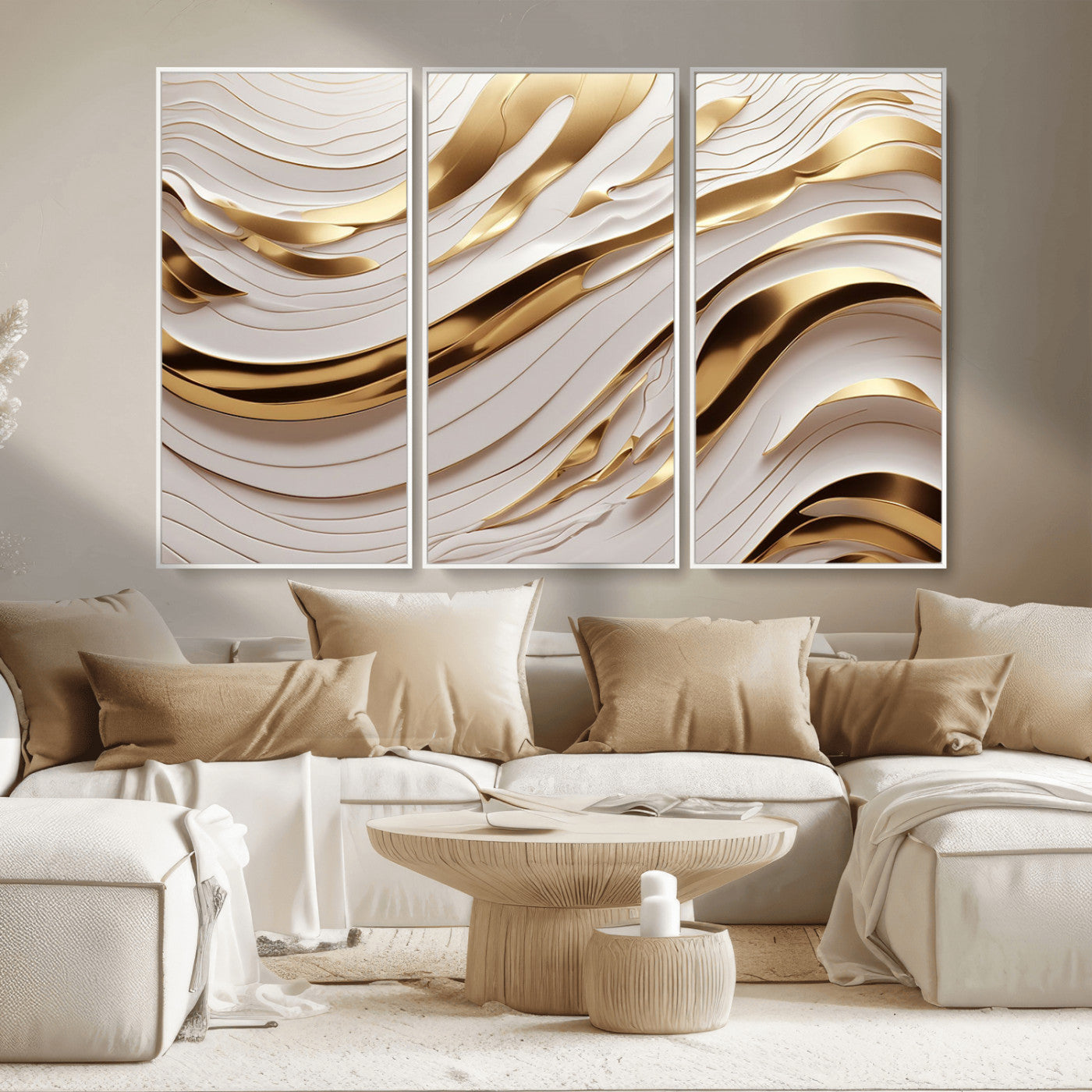 -Gold and White Abstract Wave Canvas – Elegant Flowing Design with Luxurious Golden Accents –